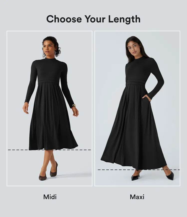 Mock-neck Long Sleeve Pocket Flare Maxi Casual Dress