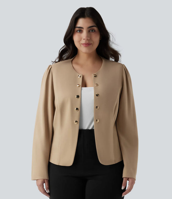 Plus Size Round Neck Long Sleeve Slim Work Blazer