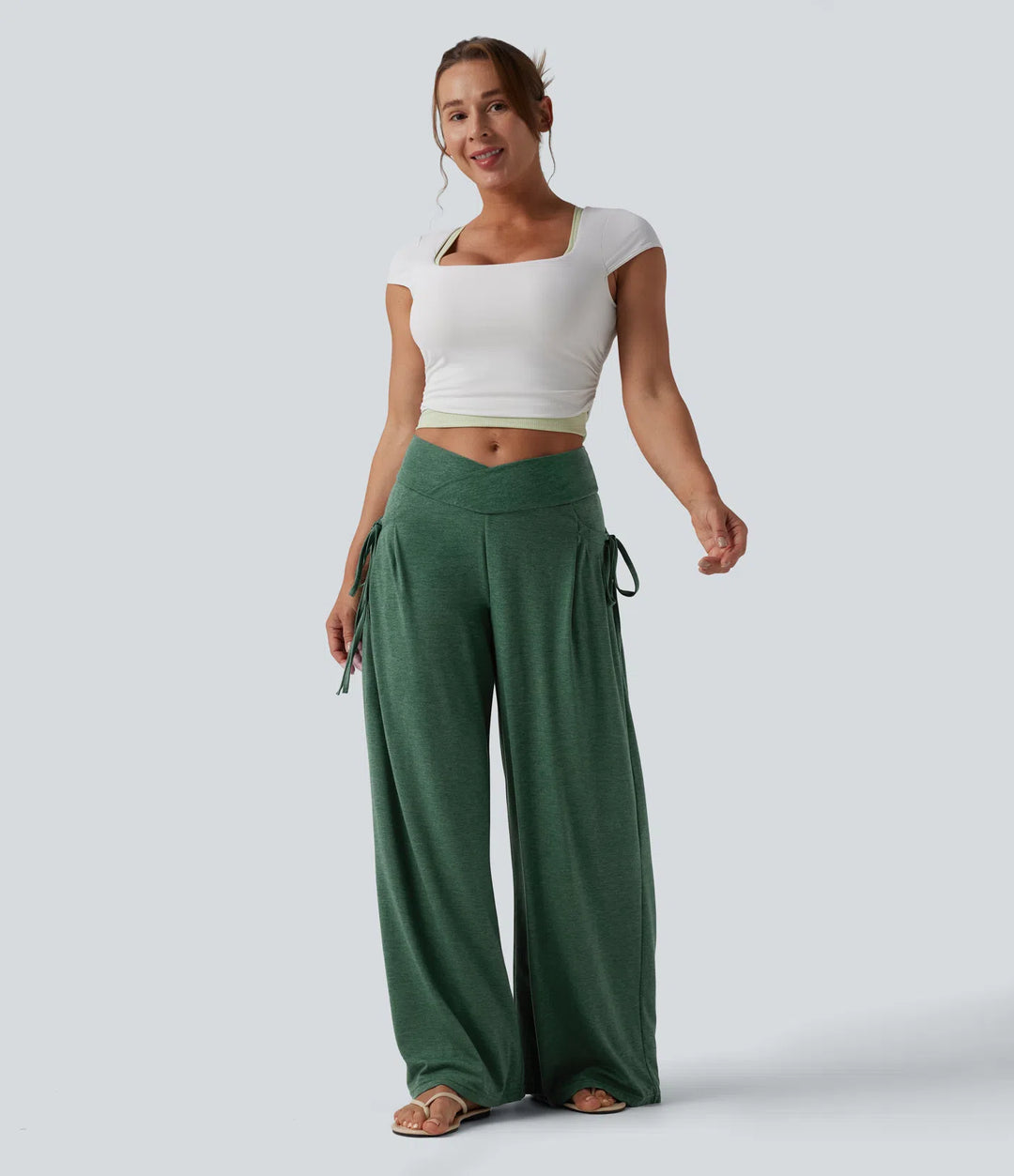 High Waisted Crossover Lace Up Wide Leg Baggy Heathered Casual Pants with Pockets
