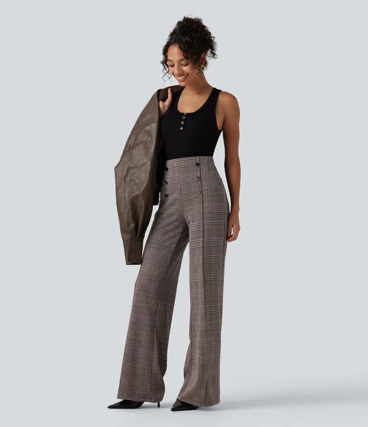 High Waisted Wide Leg Plaid Casual Pants with Pockets