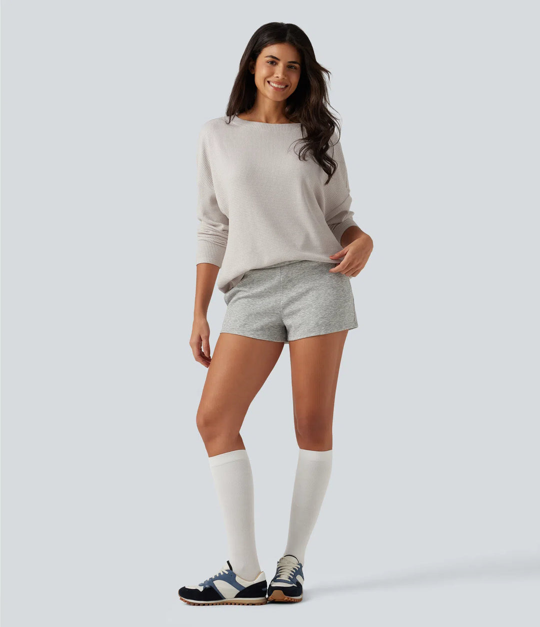 Boat Neck Batwing Long Sleeve Ruched Waffle Lounging Top