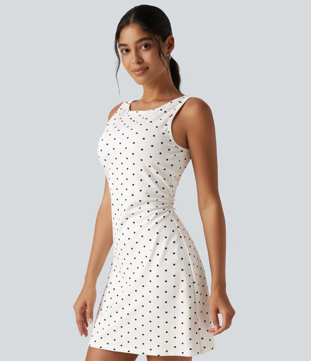 Boat Neck Sleeveless Ruched Polka Dot Casual Mini Dress