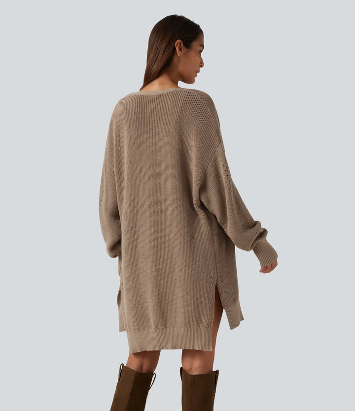 V Neck Open Front Long Sleeve Longline Casual Cardigan