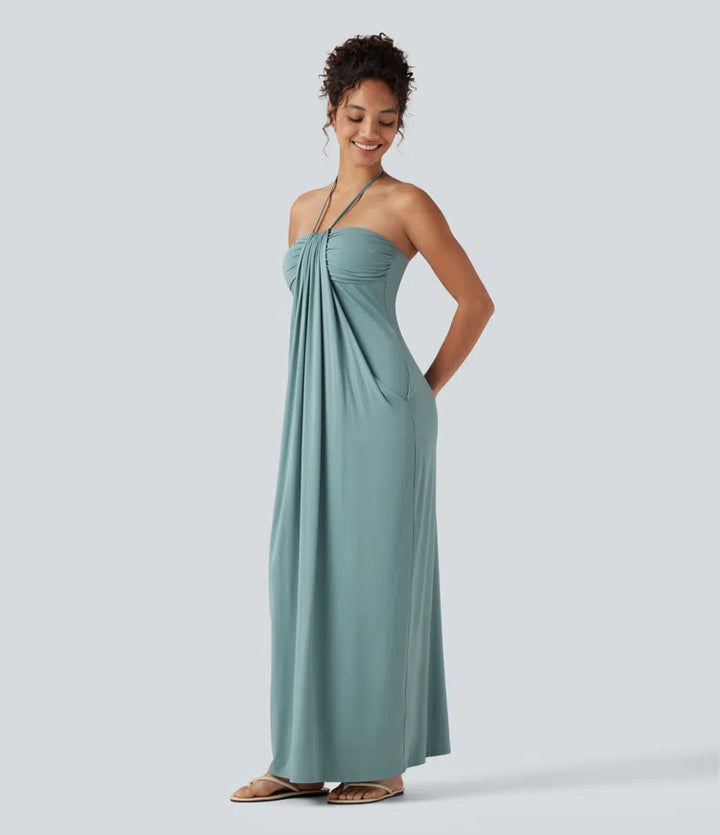 Halter Tie Back Built-in Bra Maxi Dress with Pockets