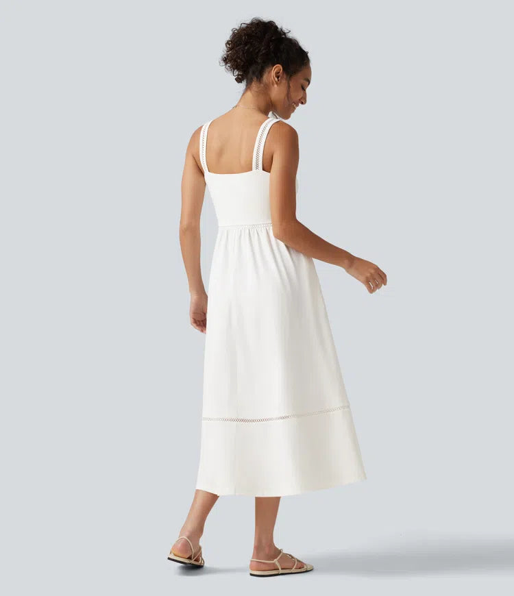 Square Neck Cut Out A-Line Flowy Midi Resort Tank Dress with Pockets