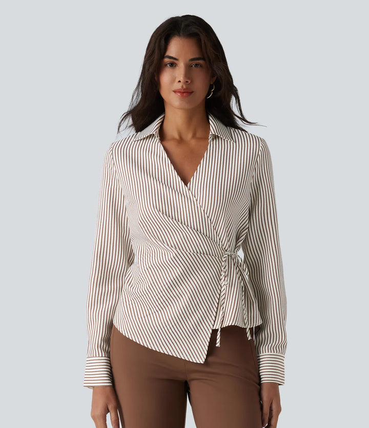 Long Sleeve Wrapped Tie Side Stripe Work Shirt