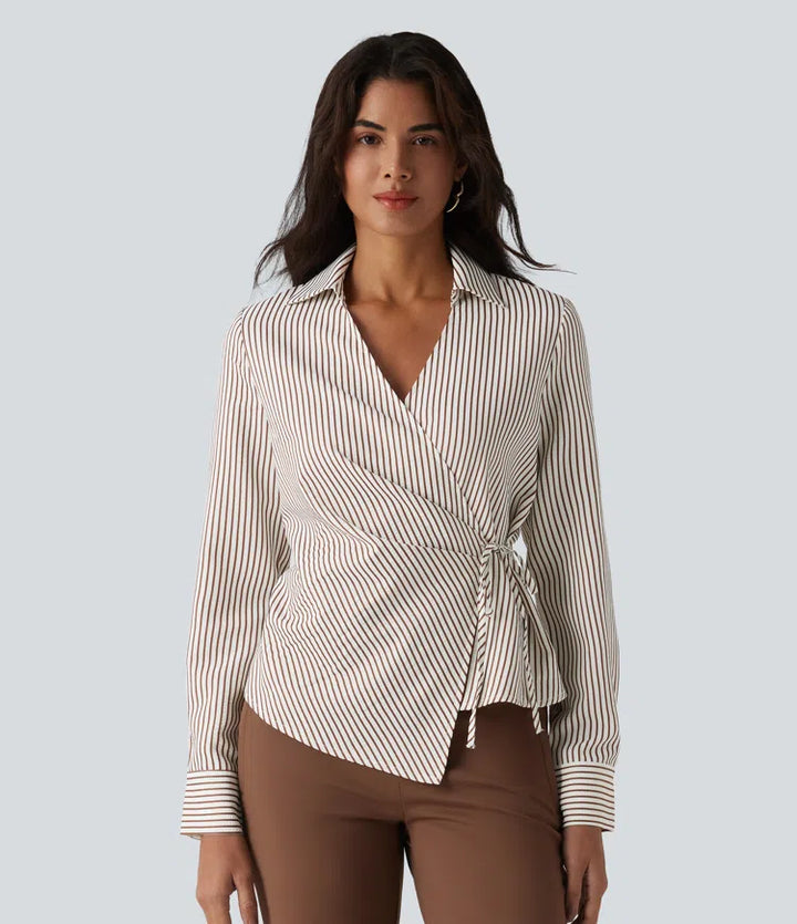 Long Sleeve Wrapped Tie Side Stripe Work Shirt