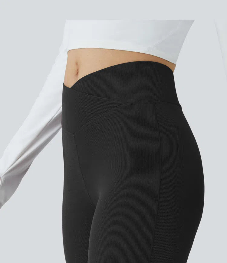Crossover High Waisted Pocket Waffle Casual Flare Pants