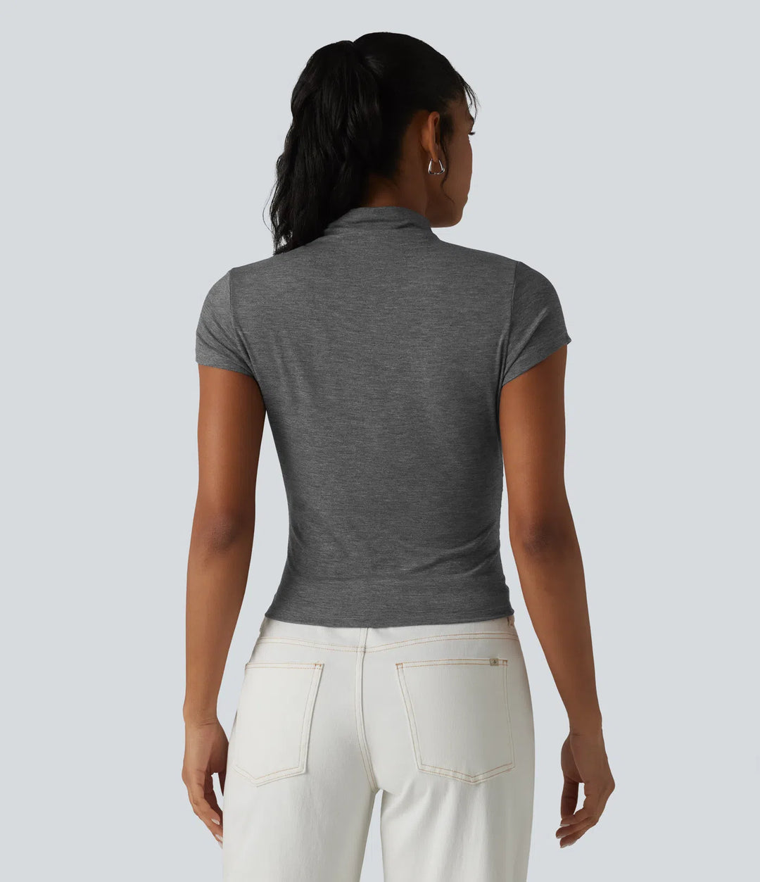 Mock-neck Short Sleeve Ruched Casual T-Shirt