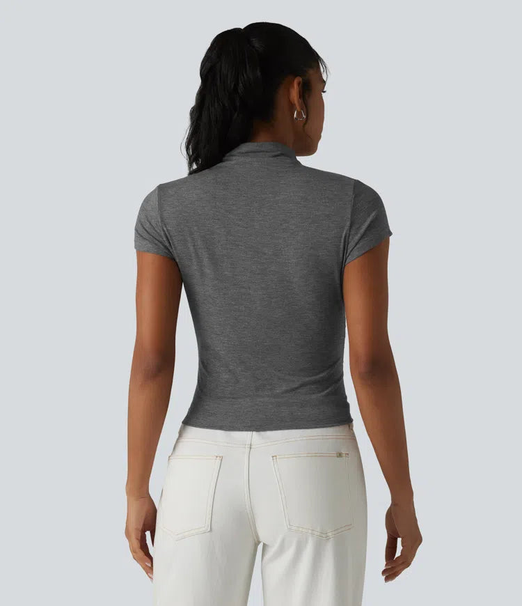 Mock-neck Short Sleeve Ruched Casual T-Shirt