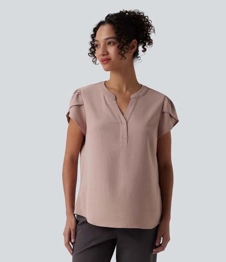 V-neck Petal Short Sleeve Work Blouse