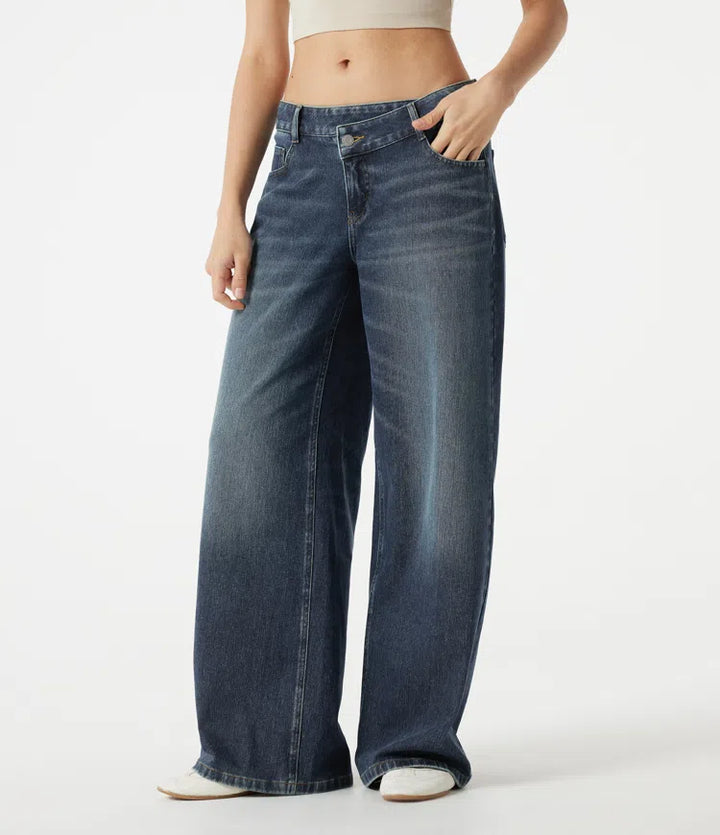 Halara Flex Asymmetric Low Rise Baggy Washed Casual Jeans with Pockets