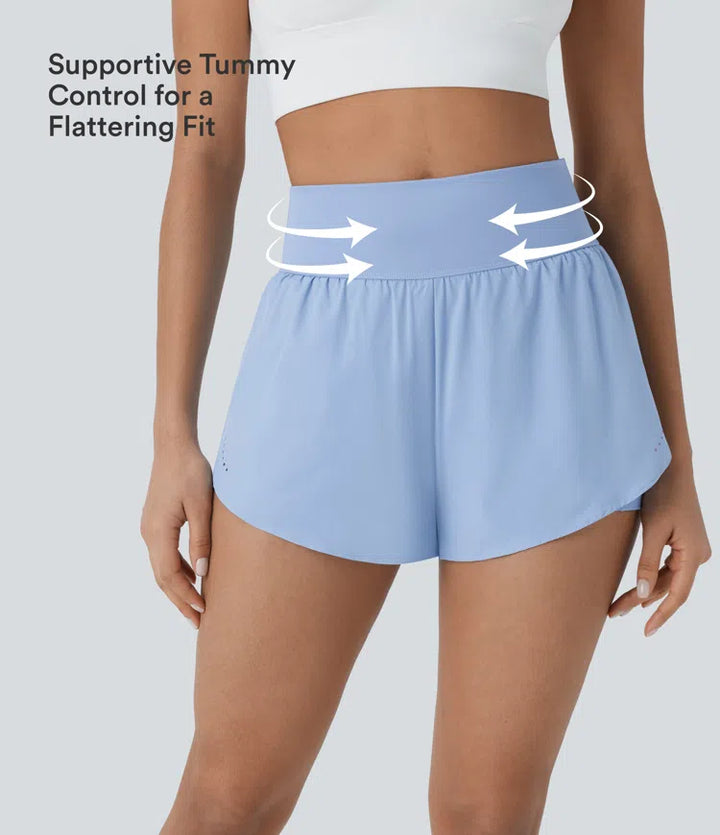 SoftlyZero QuickDry High Waisted Tummy Control Reflective Dots Crossover Hem 2-in-1 Running Shorts 3&