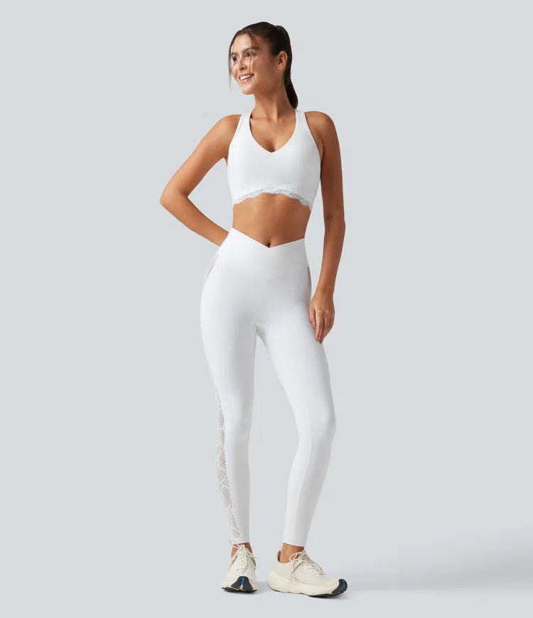 Halara UltraSculpt Low Support V Neck Built-in Bra Racerback Contrast Lace Workout Sports Bra
