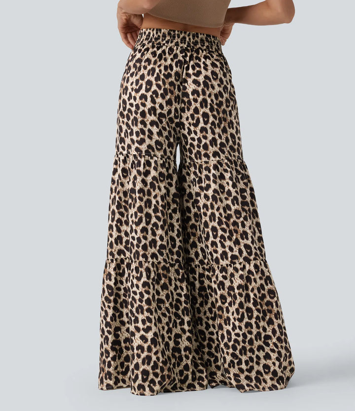 Mid Rise Tie Front Baggy Leopard Print Casual Pants with Pockets