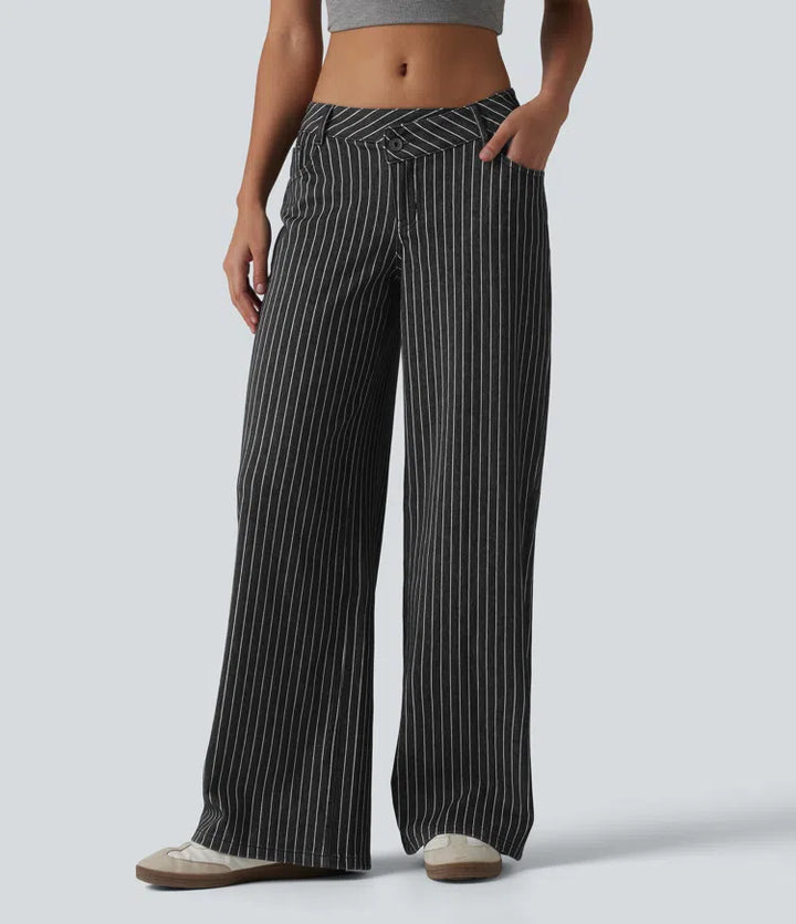 Halara Flex Asymmetric Low Rise Wide Leg Stripe Work Jeans with Pockets