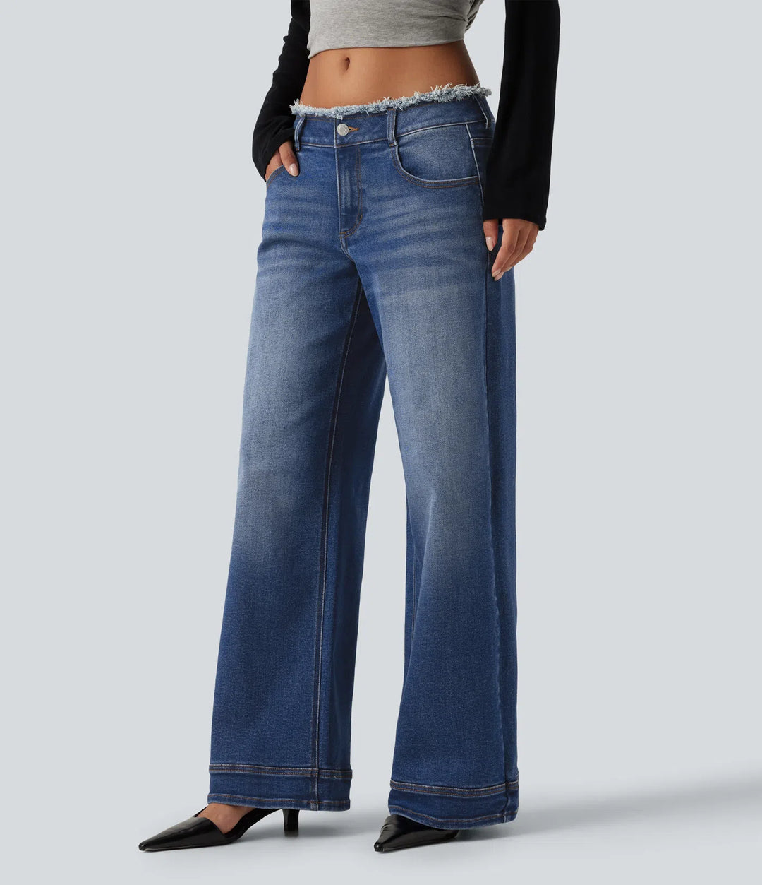 Low Rise Raw Hem Wide Leg Casual Jeans with Pockets