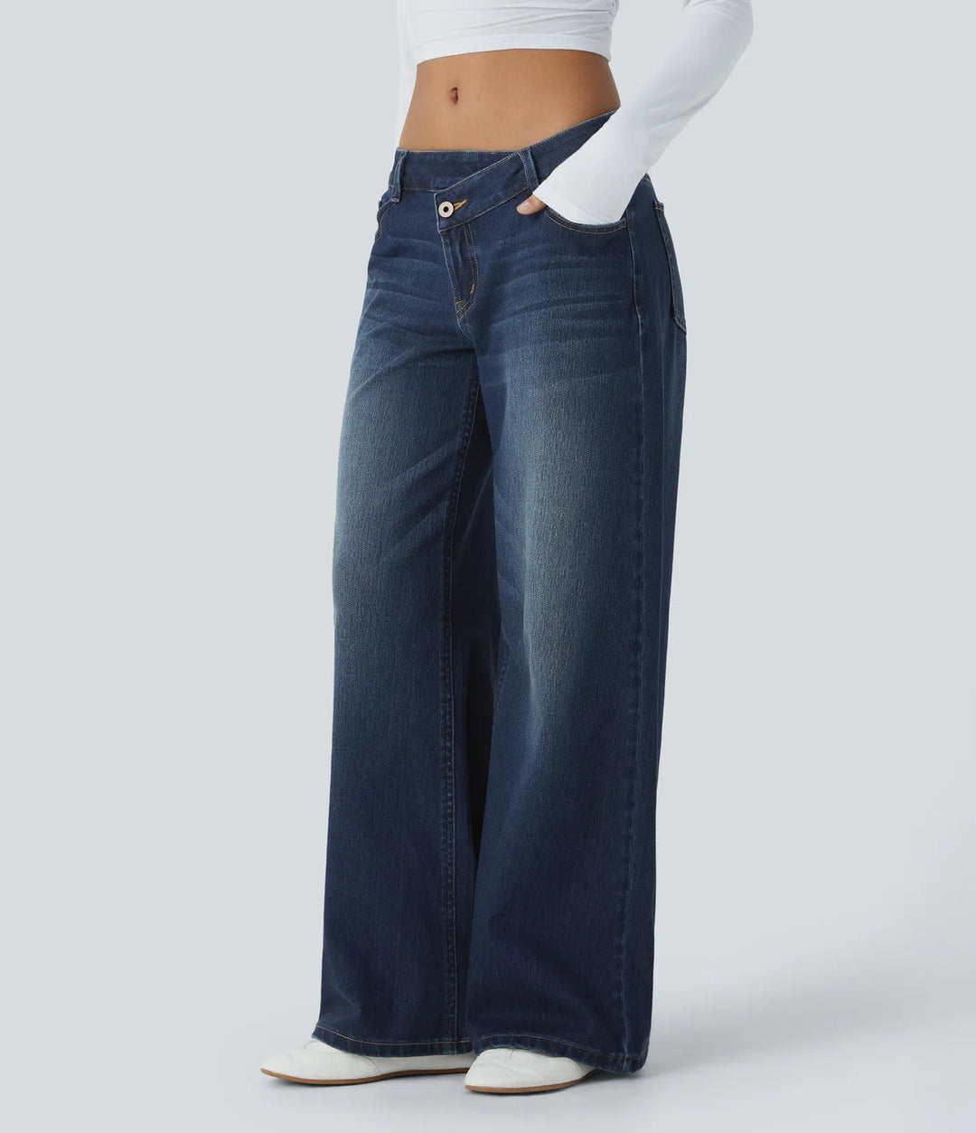 Halara Flex Asymmetric Low Rise Zipper Pockets Baggy Wide Leg Washed Casual Jeans