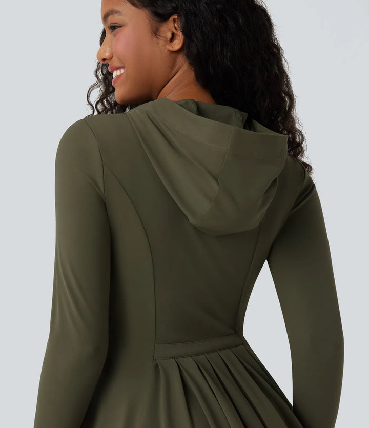 SoftlyZero Hooded Long Sleeve Thumb Hole Pleated Jacket with Pockets