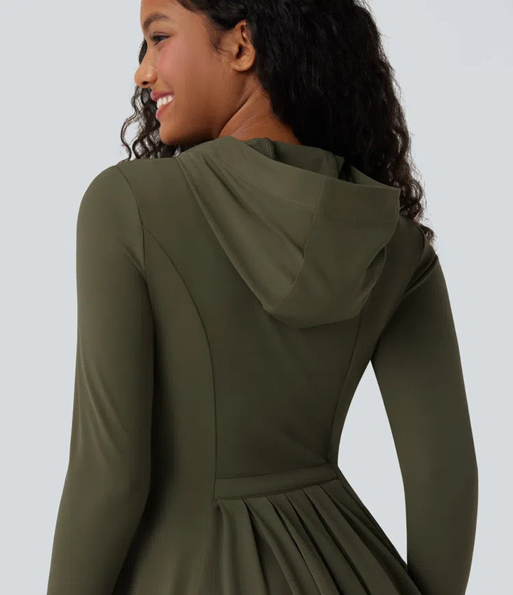 SoftlyZero Hooded Long Sleeve Thumb Hole Pleated Jacket with Pockets