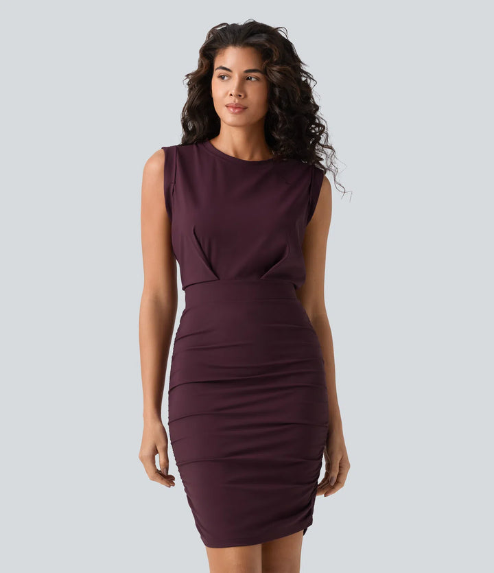 SoftlyZero Airy Round Neck Sleeveless Ruched InstantCool Bodycon Mini Party Dress