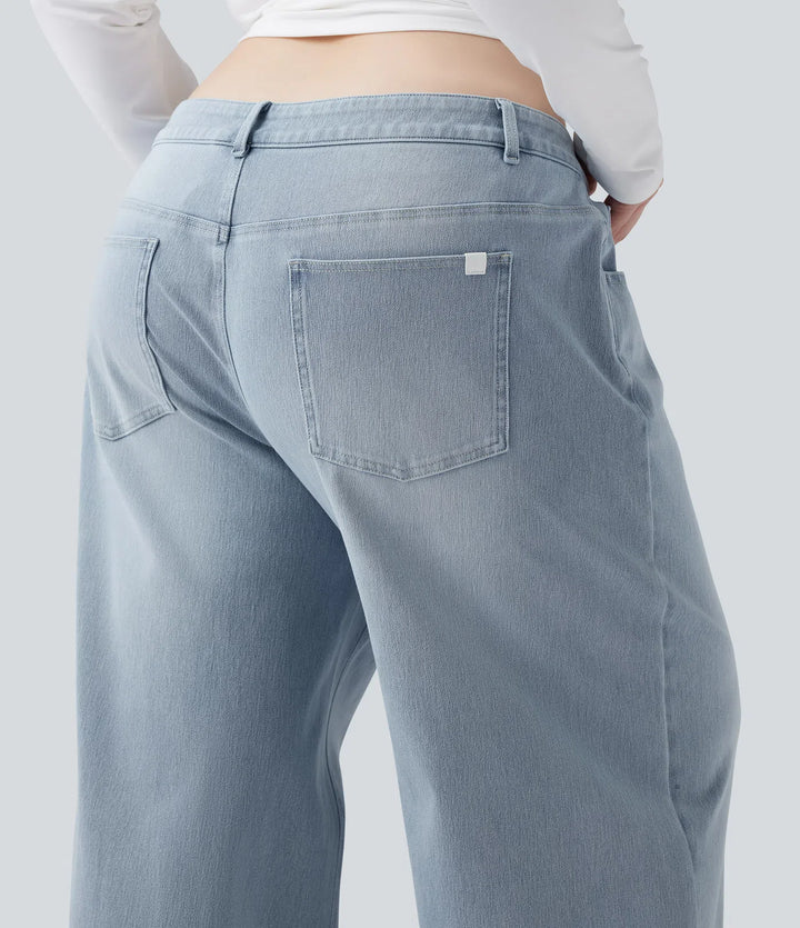 Plus Size Halara Flex Asymmetric Low Rise Wide Leg Washed Casual Jeans with Pockets