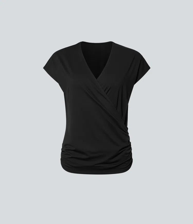 V Neck Cap Sleeve Crossover Ruched Solid Work Blouse