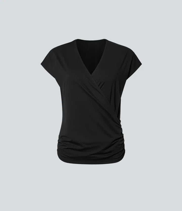 V Neck Cap Sleeve Crossover Ruched Solid Work Blouse