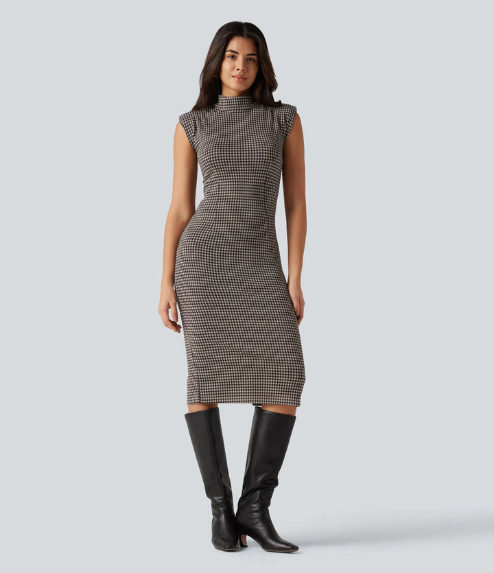 High Neck Sleeveless Bodycon Patterned Midi Work Dress