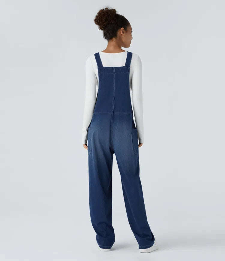 Halara Flex V Neck Pocket Washed Denim Casual Overalls