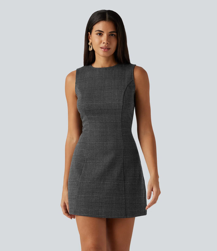 Round Neck Sleeveless Houndstooth Plaid Mini Work Dress