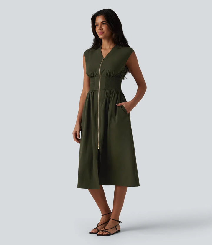 V Neck Sleeveless 2-Way Zipper Midi Work Dress with Pockets