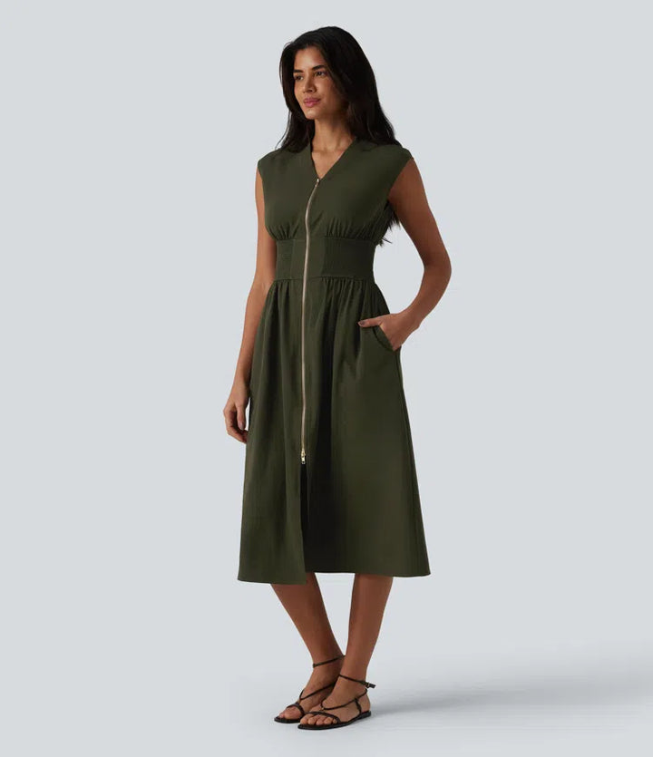 V Neck Sleeveless 2-Way Zipper Midi Work Dress with Pockets