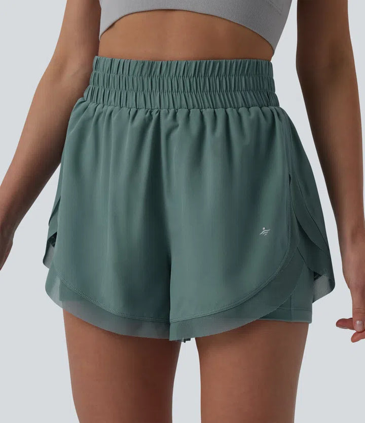 High Waisted Contrast Mesh 2-in-1 Running Shorts with Pockets