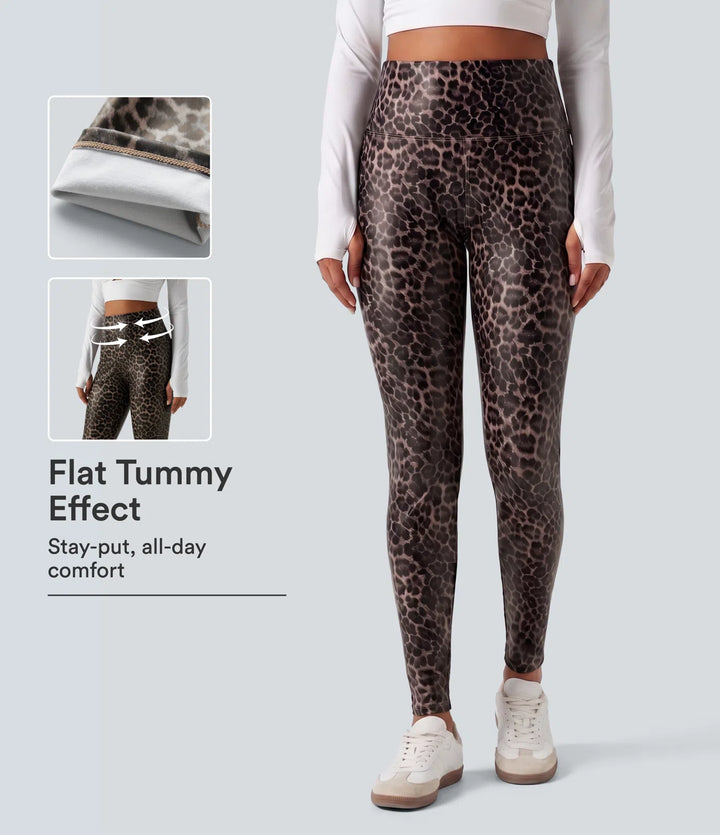High Waisted Tummy Control Stretchy PU Leopard Print Skinny Casual Leggings with Pockets