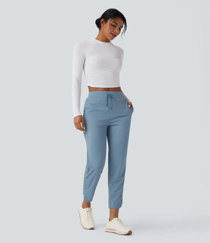 Mid Rise Drawstring Curved Hem Quick Dry Golf Tapered Pants with Pockets-UPF40+
