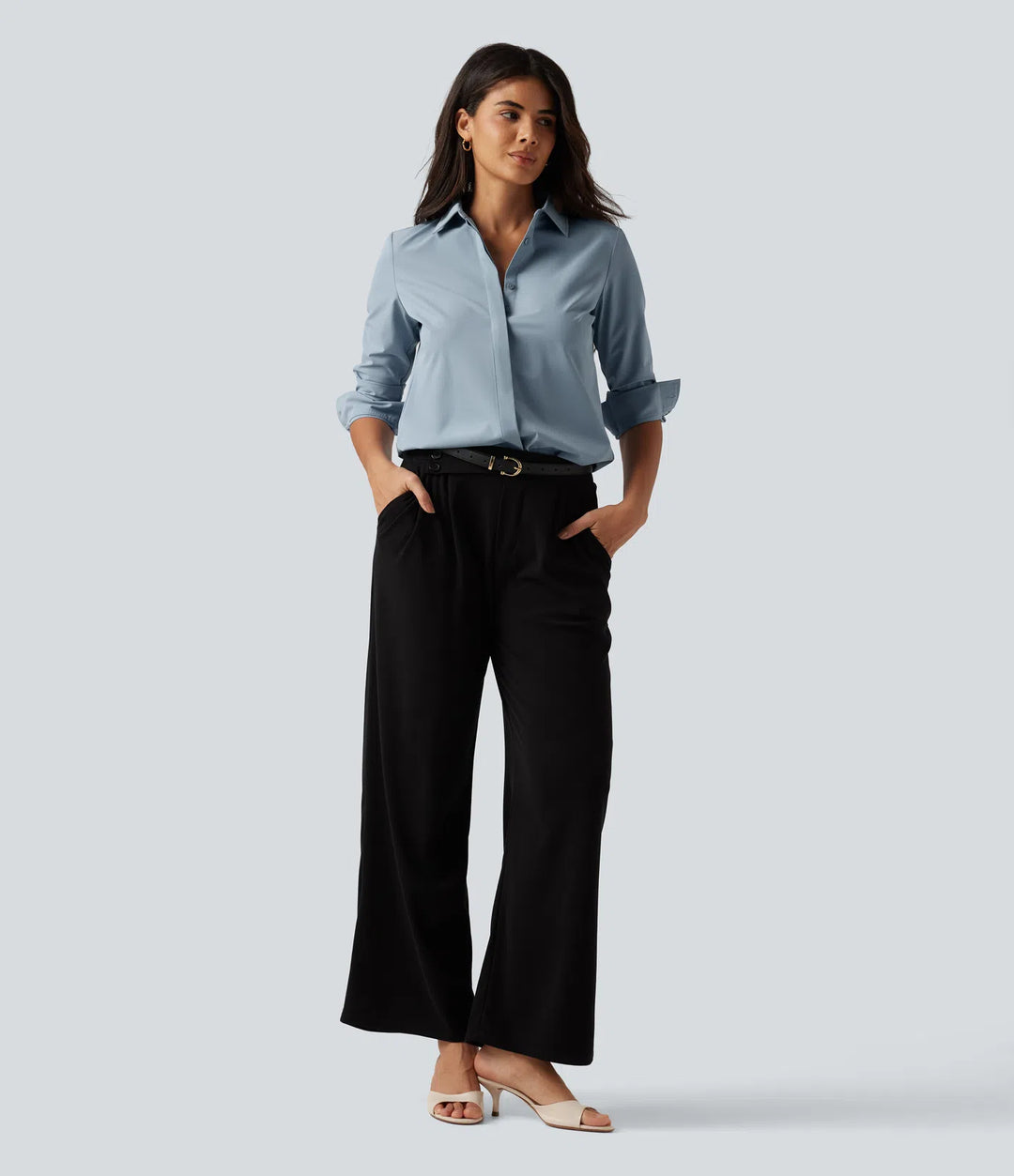 Collared Long Sleeve Curved Hem Work Shirt