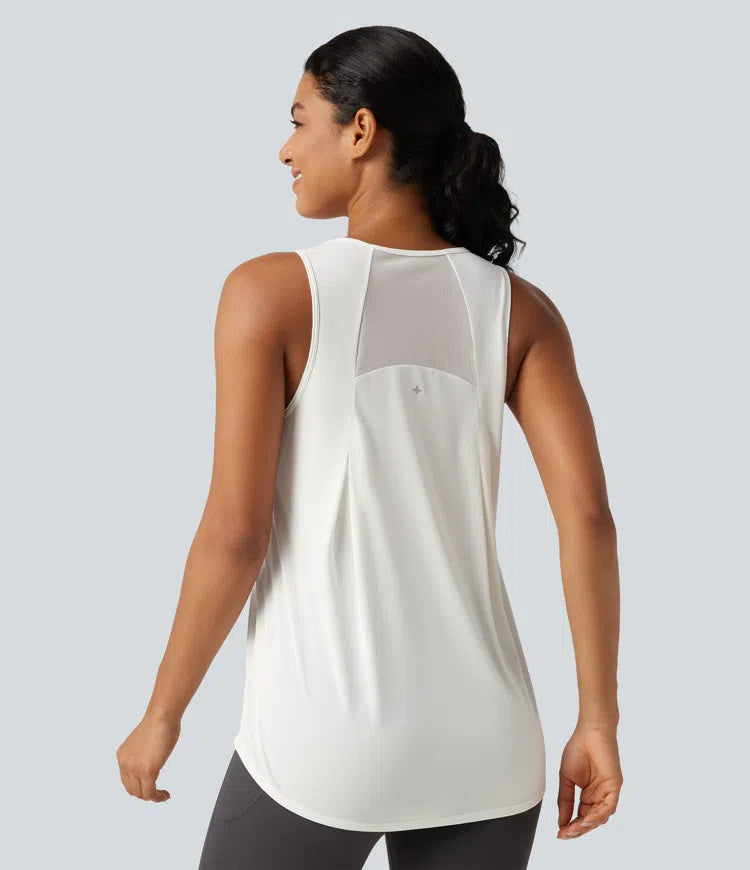 Contrast Mesh Curved Hem Running Tank Top-Longer Length