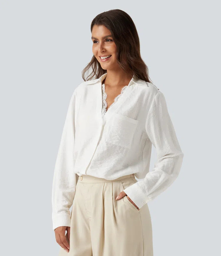 V Neck Contrast Lace Long Sleeve Work Shirt with Pocket