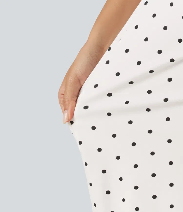 Boat Neck Sleeveless Ruched Polka Dot Casual Mini Dress