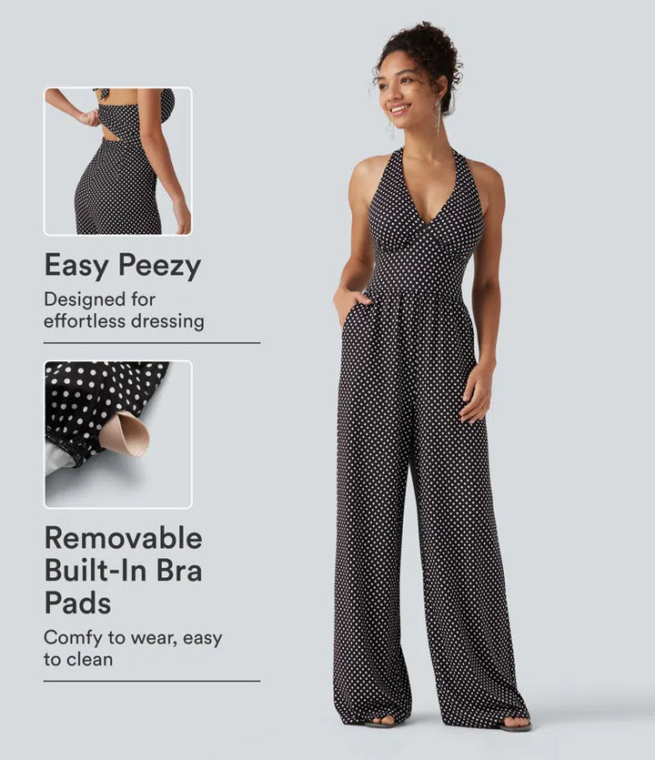 Halter Sleeveless Backless Built-in Bra Polka Dot Print Resort Jumpsuit with Pockets-Easy Peezy