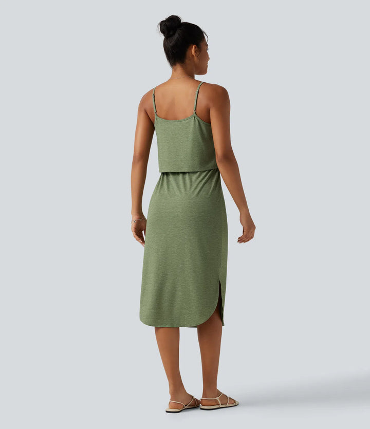 Drawstring Curved Split Hem Midi Casual Slip Dress