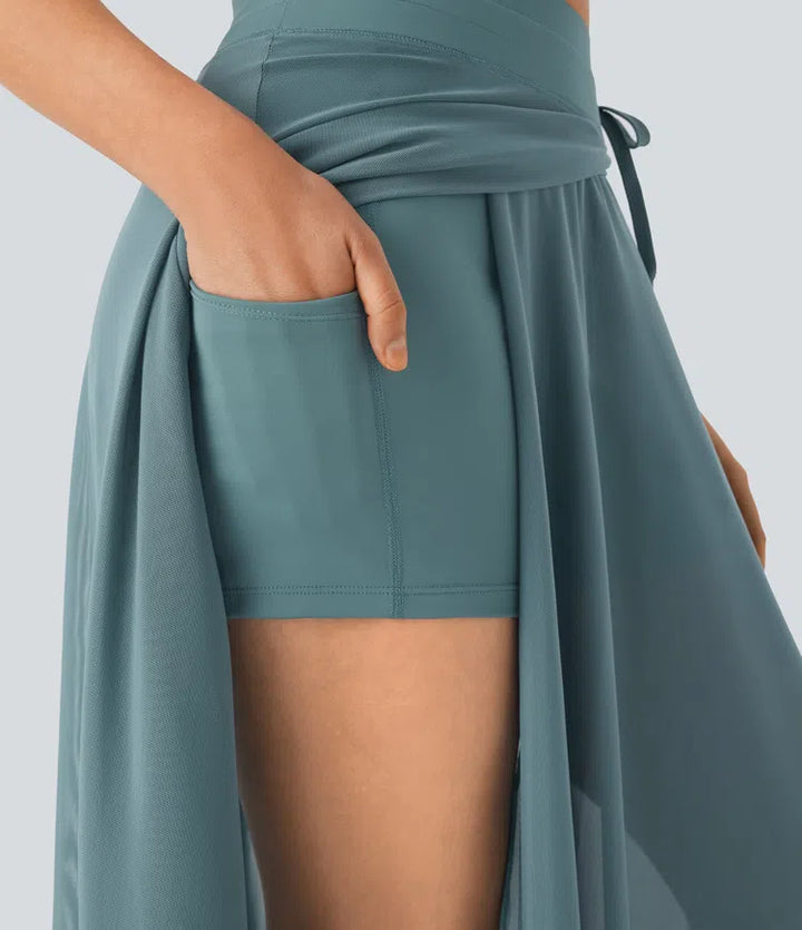 High Waisted Drawstring Contrast Mesh 2-in-1 Pocket Flowy Maxi Flare Casual Skirt