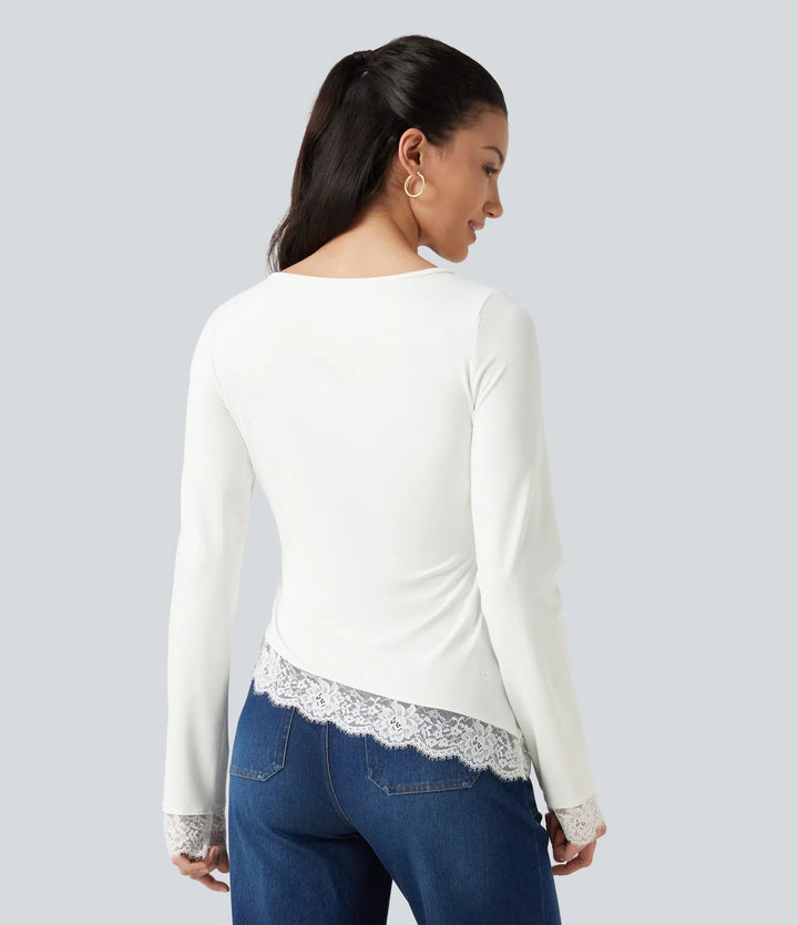 Boat Neck Long Sleeve Contrast Lace Asymmetric Hem Casual Top