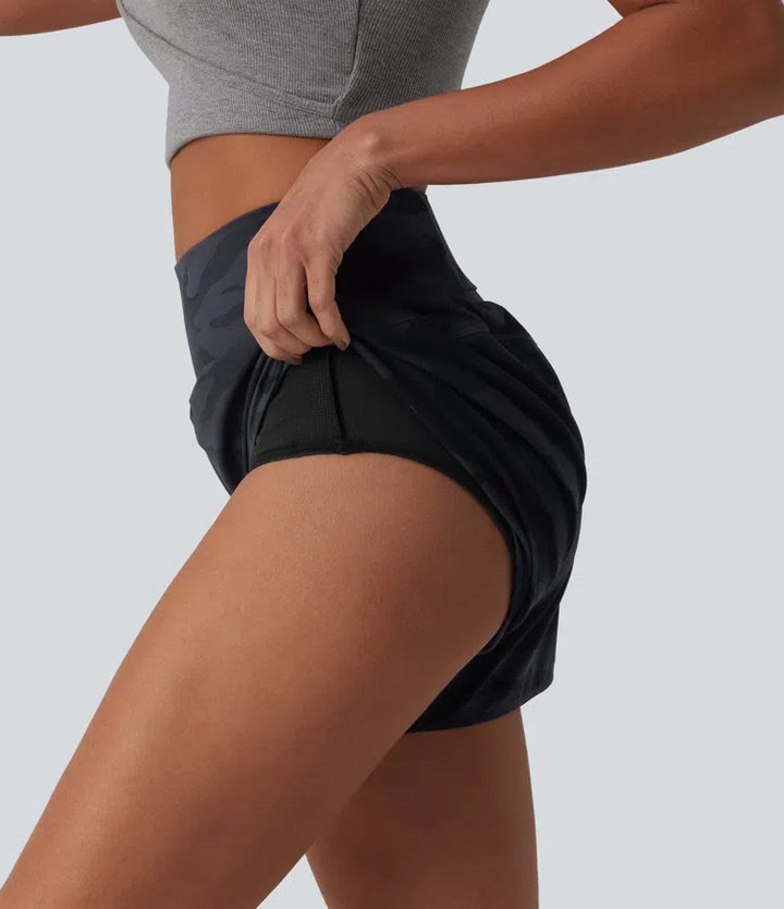 Halara UltraSculpt Camo Print High Waisted Tummy Control Curved Hem 2-in-1 Running Shorts 4" with Pocket