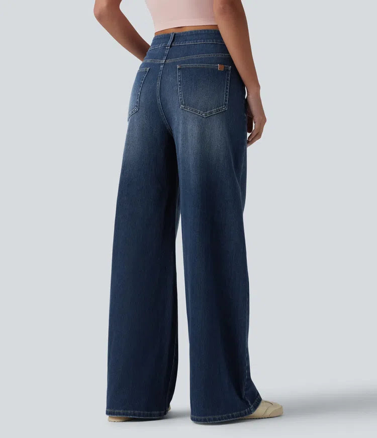Halara Flex Asymmetric Mid Rise Wide Leg Casual Jeans with Pockets