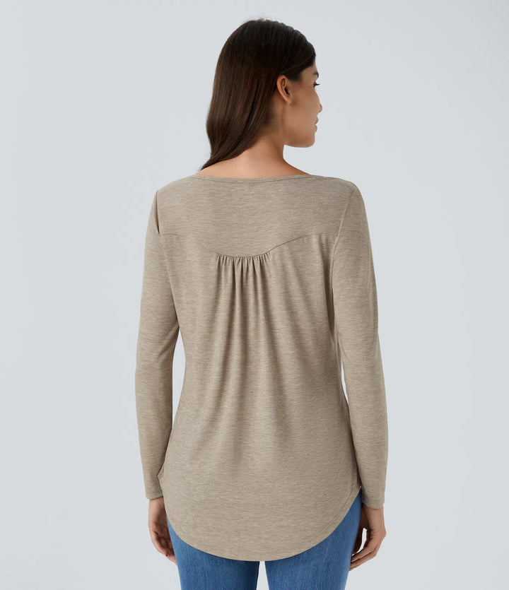 Round Neck Long Sleeve Curved Hem Casual Top