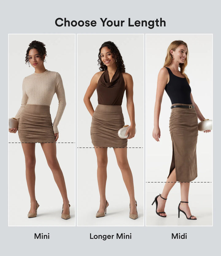 High Waisted Tummy Control Ruched Bodycon 2-in-1 Suede Midi Skirt