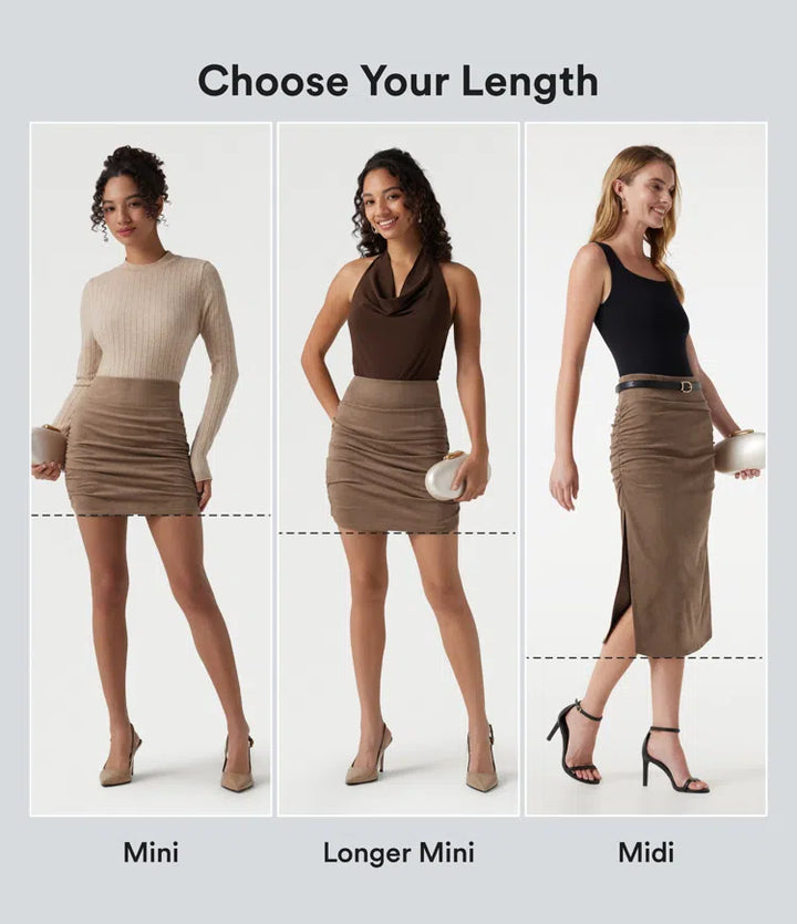 High Waisted Tummy Control Ruched Bodycon 2-in-1 Suede Midi Skirt