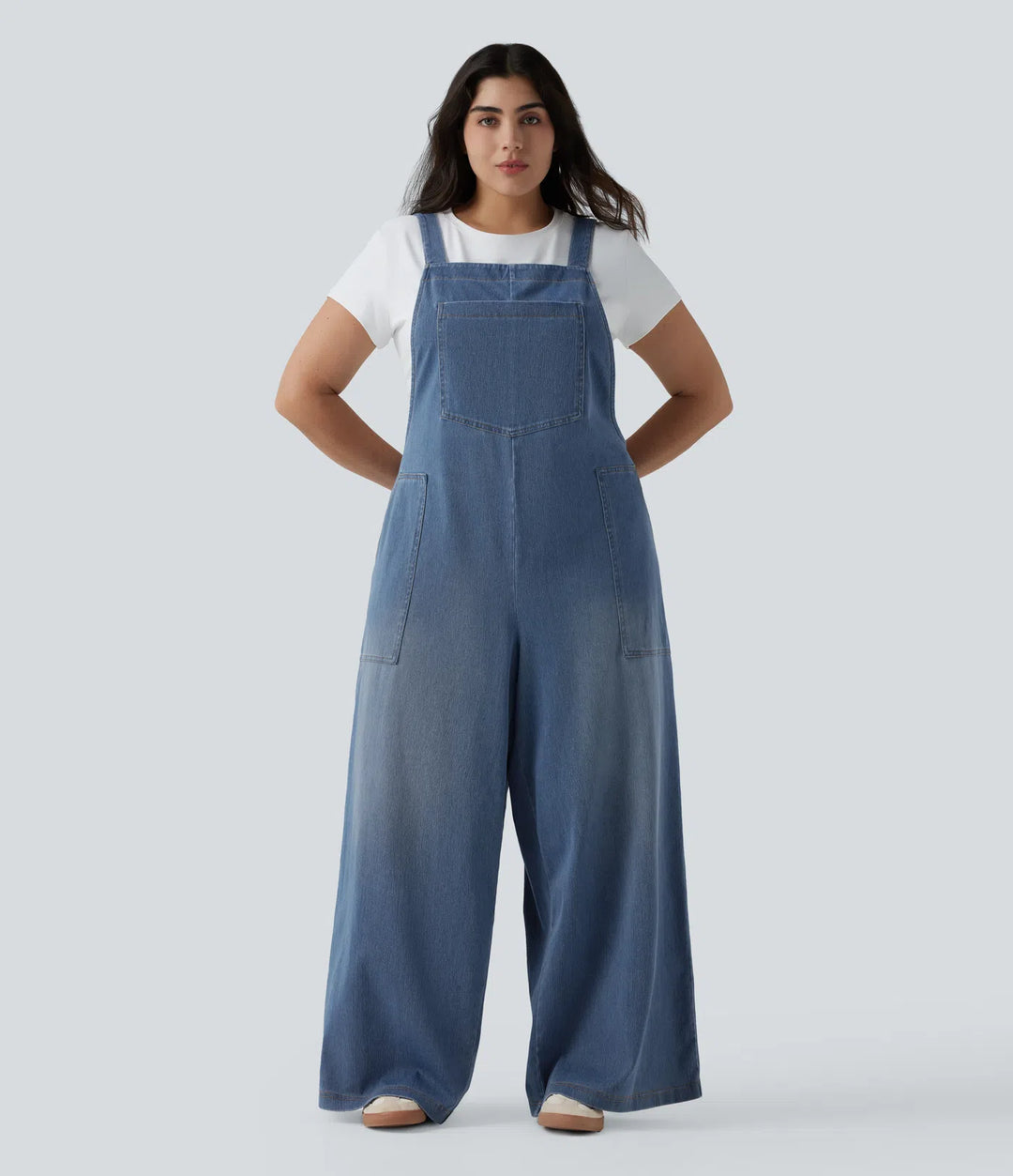 Plus Size Halara Flex Square Neck Washed Denim Casual Overalls with Pockets
